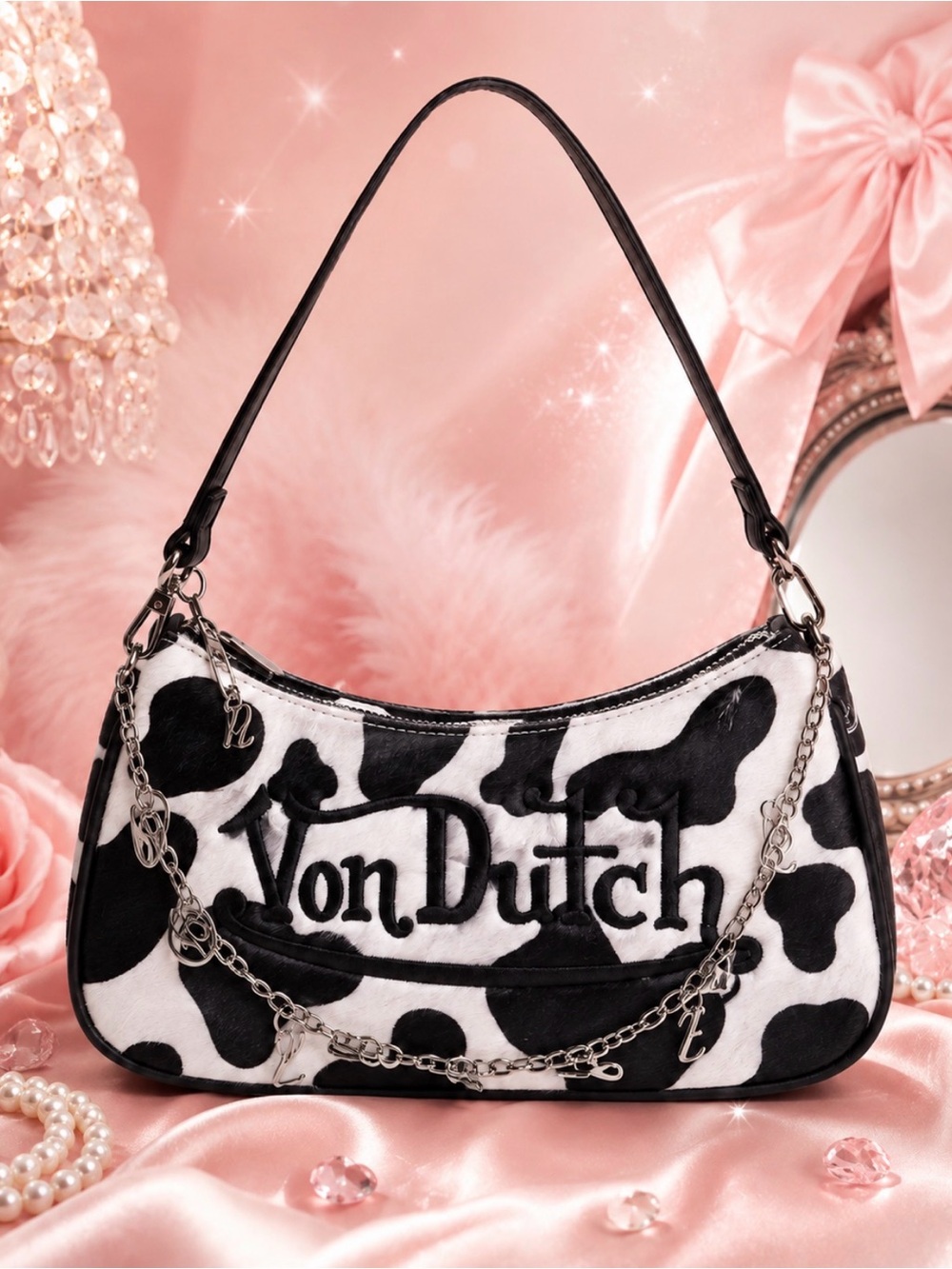 Von Dutch Black & White Cow Print Chain-Accent Shoulder Bag
